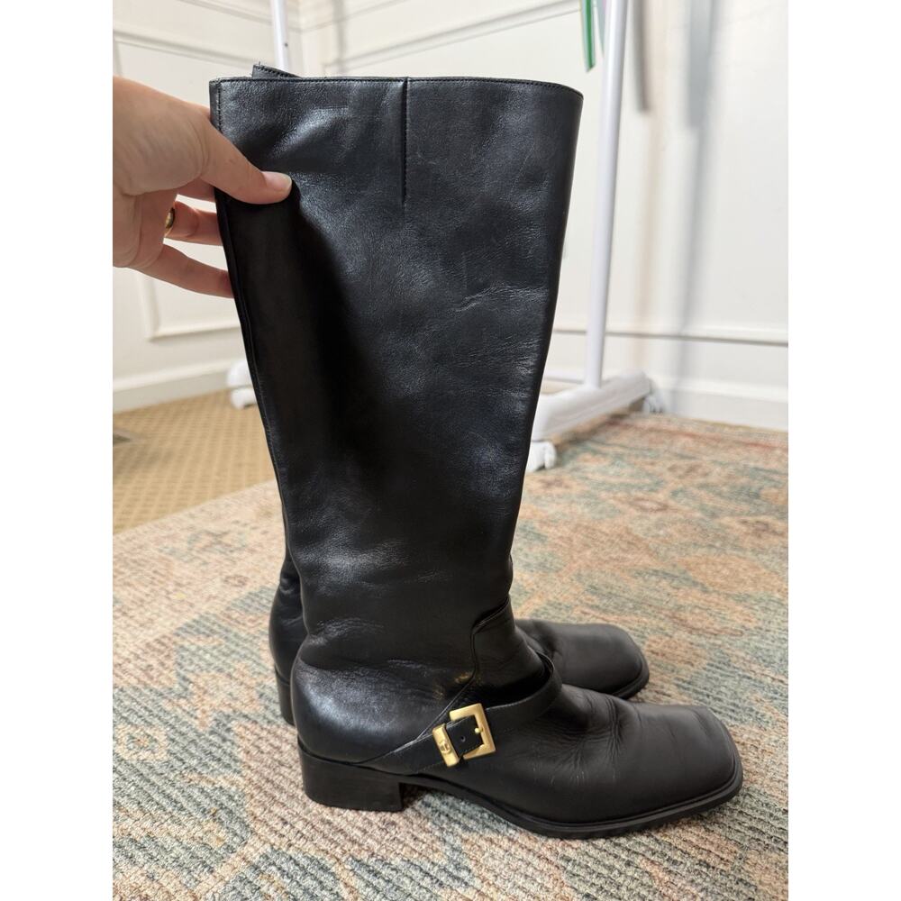 Etienne Aigner Women’s Black Leather Knee High Riding Boots Size 10M Gold Buckle